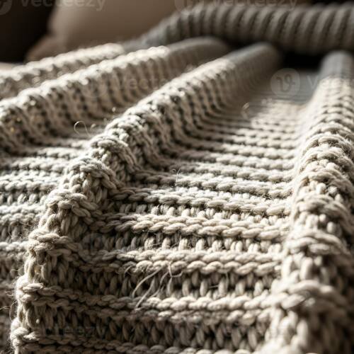 Warm beige chunky knit blanket close up - soft chenille texture