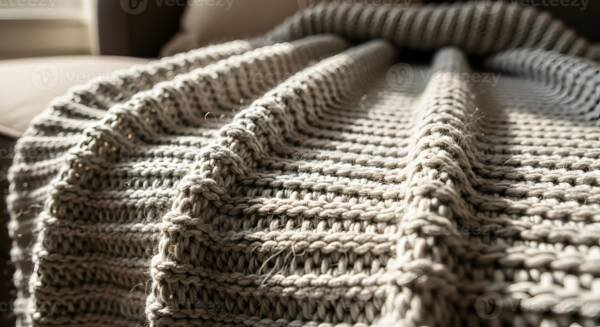 Warm beige chunky knit blanket close up - soft chenille texture