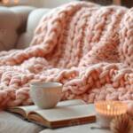 Cozy blush pink chunky knit blanket with candles and hot drink