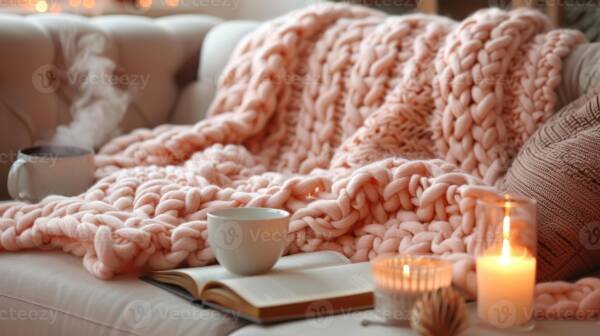Cozy blush pink chunky knit blanket with candles and hot drink