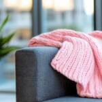 Pink chunky knit throw blanket on gray couch close up