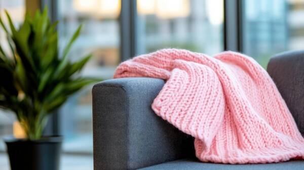 Pink chunky knit throw blanket on gray couch close up
