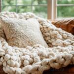 Cream chunky knit blanket draped on brown leather sofa