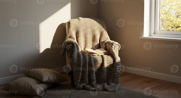 Sunlit armchair with chunky knit blanket and book - hygge lifestyle