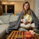 Woman wrapped in cozy chunky knit blanket holding warm mug